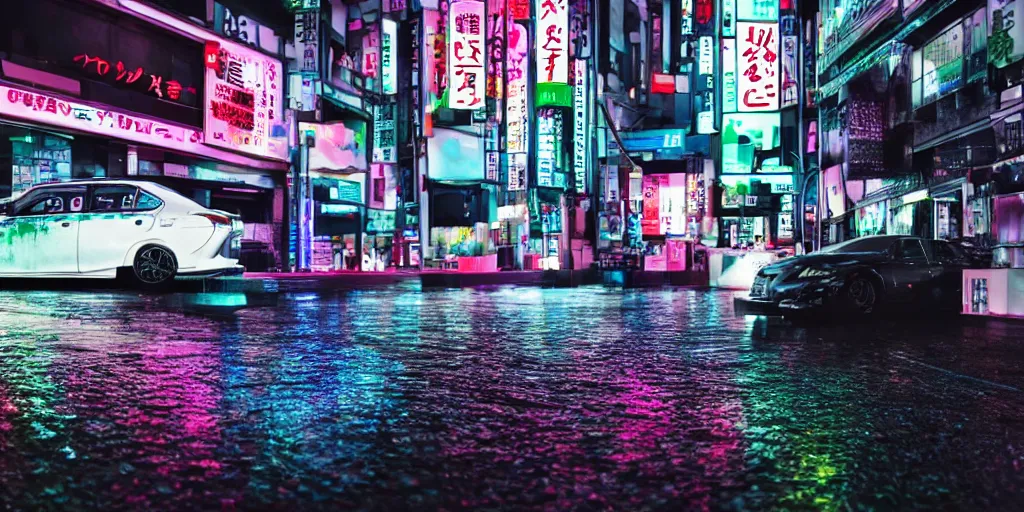 Image similar to tokyo vaporwave black lexus ct 2 0 0 h origami neon signs raining, hyper realisitic wet pavement