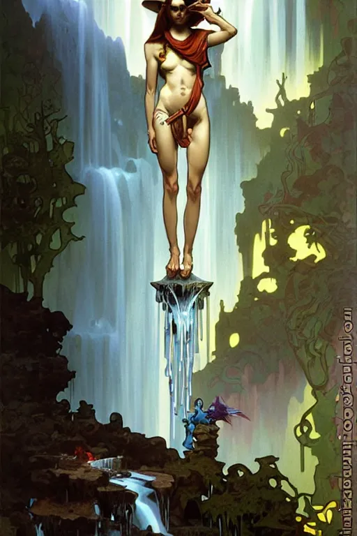 Image similar to water faucet person dnd character with a waterfall behind them by peter mohrbacher, basquiat alphonse mucha
