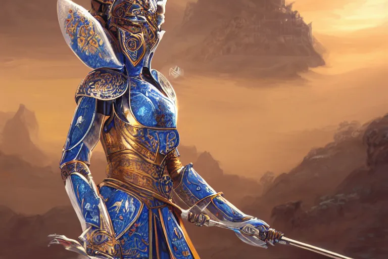 Image similar to portrait knights of Zodiac girl, Chinese Blue and white porcelain reflected armor, kung fu fighting in ruined Agora of Athens sunrise, ssci-fi, fantasy, intricate, very very beautiful, elegant, golden light, highly detailed, digital painting, artstation, concept art, smooth, sharp focus, illustration, art by tian zi and WLOP and alphonse mucha