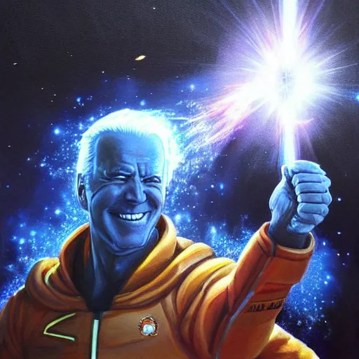 Image similar to Epic awesome painting of Joe Biden shooting his Kamehameha beam through an exploding planet, awesome, trending on ArtStation