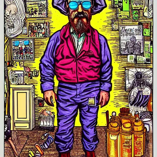 Image similar to The Artwork of R. Crumb and his Cheap Suit Breaking-Bad-Walter-White meth-lab, wearing a bio-hazard suit pencil and colored marker artwork, trailer-trash lifestyle