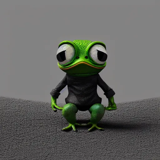 Image similar to perfectly accurate miniature figure of pepe the frog wearing jeans and a black leather jacket, soft textures, skin texture, clothing, 3d sculpture, textured, fine detail, lifelike, photo, high resolution, octane render, post processing, after effects, trending on artstation