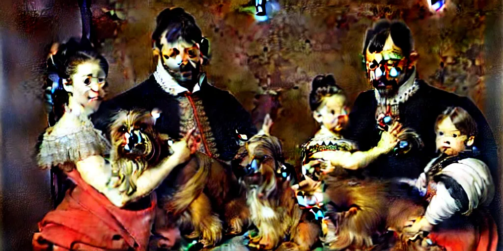 Image similar to A Spanish King with his queen and one young daughter, inside the morning room of their palace, a Yorkshire Terrier is at the arms of the king, very detailed, intricate, smooth, 8 k masterpiece, art by Velasquez, art by Rubens, art by Caravaggio