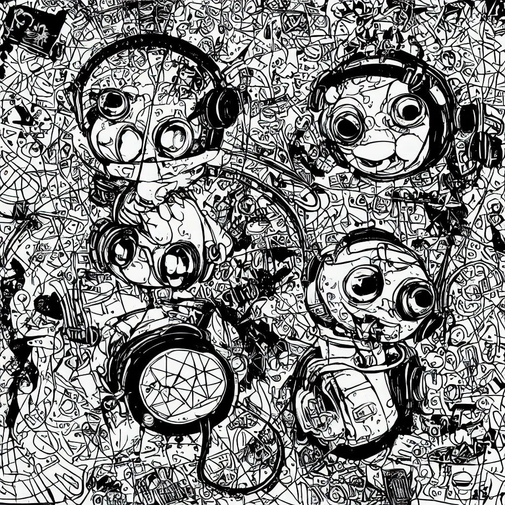 Image similar to a toad wearing headphones, ryuta ueda artwork, breakcore, style of jet set radio, y 2 k, gloom, space, cel - shaded art style, sacred geometry, data, minimal, code, cybernetic, dark, eerie, cyber