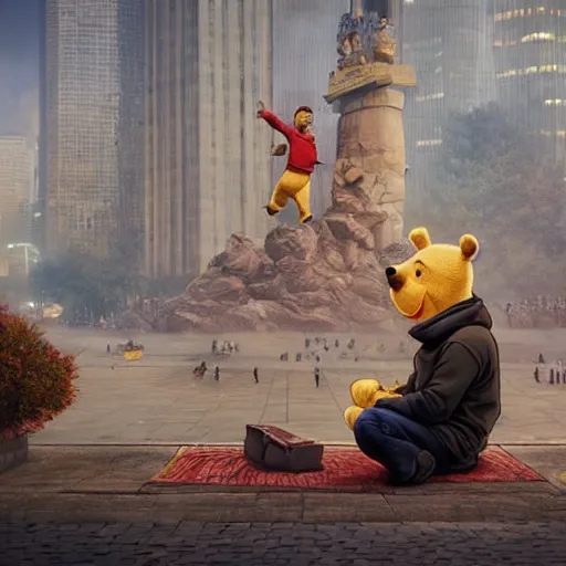 Image similar to screaming winnie the pooh protester sitting in front of 5 9 式 at tiananman square, dystopian, highly detailed, photorealistic, octane render, 8 k, unreal engine. art by artgerm and greg rutkowski and alphonse mucha