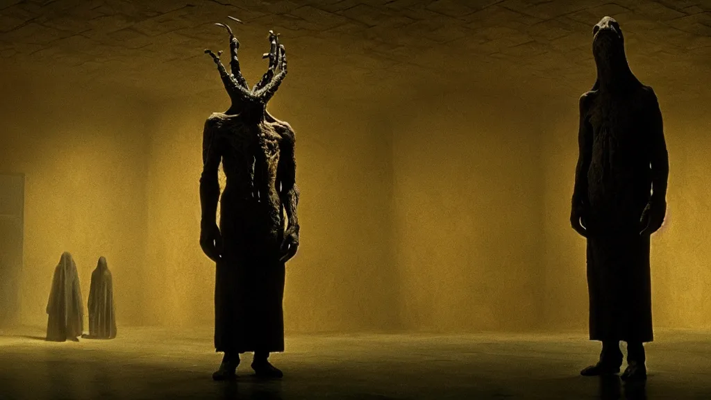 Image similar to the creature at the movie theatre, film still from the movie directed by denis villeneuve and david cronenberg with art direction by salvador dali and zdzisław beksinski