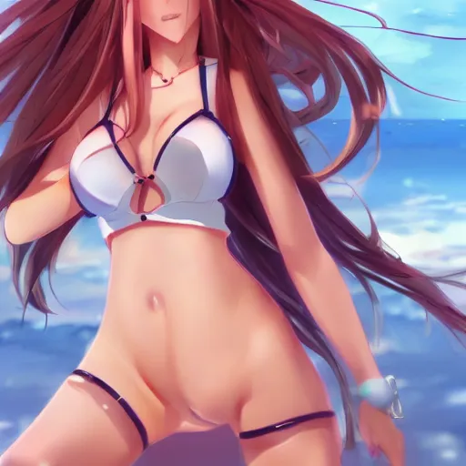 Image similar to a very beautiful mature yuuki asuna, full body, long wavy red hair, sky blue eyes, full round face, bikini, miniskirt, front view, mid - shot, cute pose, highly detailed, cinematic wallpaper by stanley artgerm lau
