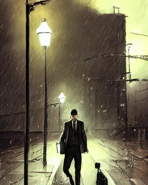 Prompt: a mysterious rugged man in a pinstripe suit holding a pistol in one hand and a briefcase in the other. Raining, street lamps, stormy, atmospheric lighting, mysterious, gloomy. By Makoto Shinkai, Stanley Artgerm Lau, WLOP, Rossdraws, James Jean, Andrei Riabovitchev, Marc Simonetti, krenz cushart, Sakimichan, D&D trending on ArtStation, digital art.