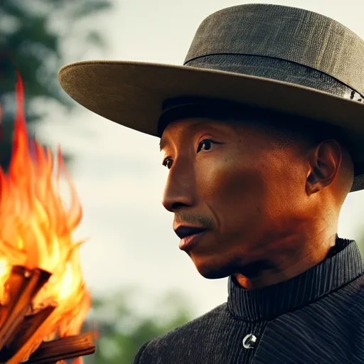 Image similar to cinematic film still Pharrell Williams starring as a Samurai holding fire, Japanese CGI, VFX, 2022, 40mm lens, shallow depth of field,film photography