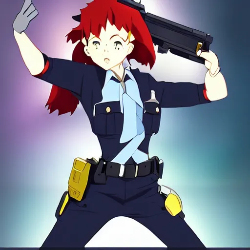 Image similar to stunning police woman pointing gun, cinematic shot, animation cel for anime movie, designed by haruhiko mikimoto, studio trigger, gainax, intense colors, trending on artstation, fan favorite design