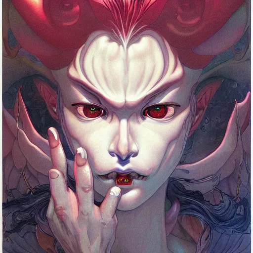 Prompt: prompt : demon portrait soft light painted by james jean and katsuhiro otomo, inspired by evangeleon anime, smooth face feature, intricate oil painting, high detail illustration, sharp high detail, manga and anime 1 9 9 0