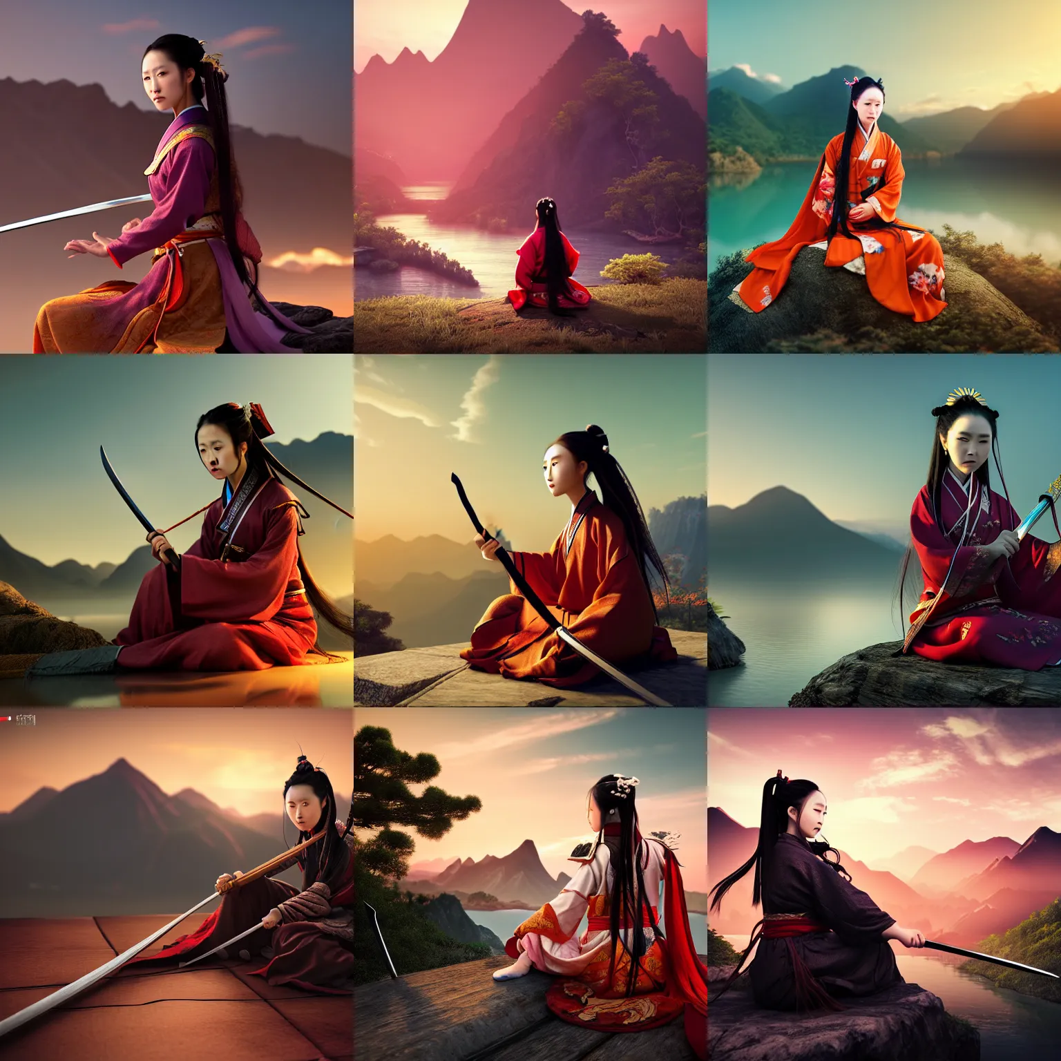 Image similar to beautiful long hair wuxia lady sitting with back to photo with her sword next to her, seeing the mountain and river, sunset, wuxia by Chen Uen, Chinese Brush Painting style, ultra realistic, cinematic shot, 8k, Frostbite 3 Engine, octane render