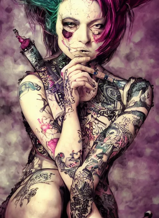 Image similar to portrait, punk rock alice in wonderland, fishnets, tattoos, piercings, watercolor, dramatic lighting, cinematic, establishing shot, extremly high detail, foto realistic, cinematic lighting, pen and ink, intricate line drawings, by Yoshitaka Amano, Ruan Jia, Kentaro Miura, Artgerm, post processed, concept art, artstation, matte painting, style by eddie mendoza, raphael lacoste, alex ross