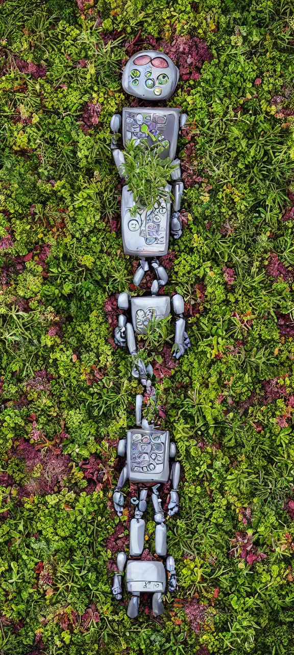 Image similar to award winning photo of robot body degraded and filled with plants, stunning, 4 k, detailed, top - down