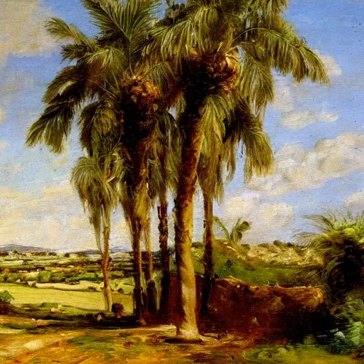 Prompt: green and pleasant land mixed with desert and palm trees, traditional oil painting by constable, detailed