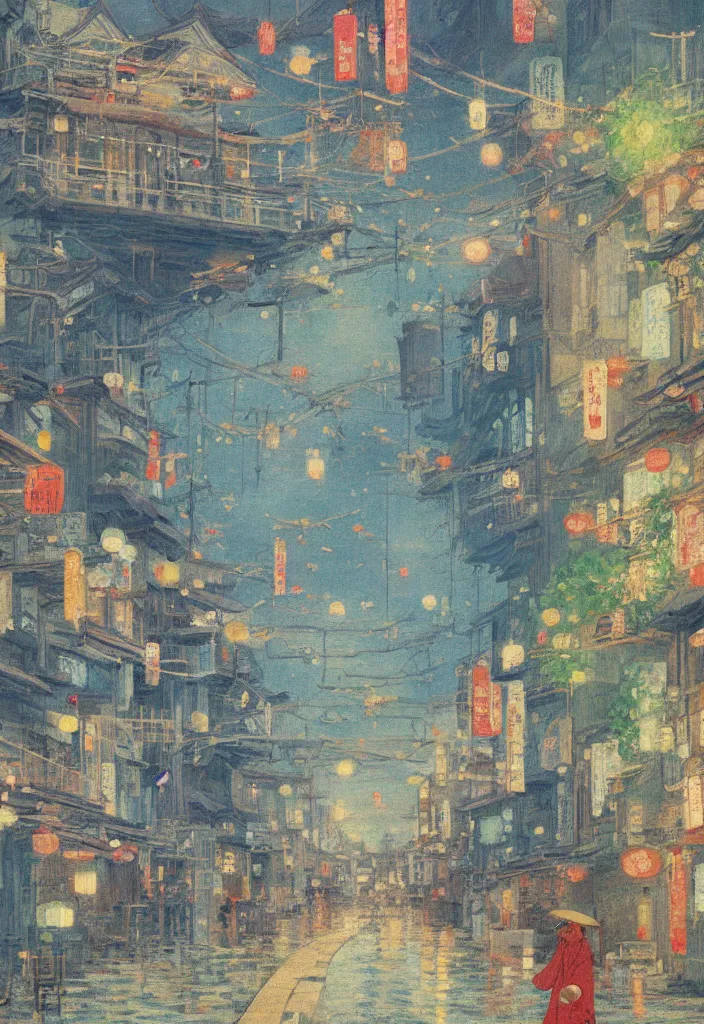 Image similar to a beautiful japanese city near the sea, ryokans and edo era houses, abstract fishes flying all around, cyberpunk, lofi vibe, oil painting in impressionist style, by monet, by makoto shinkai, multiple brush strokes, inspired by ghibli, masterpiece