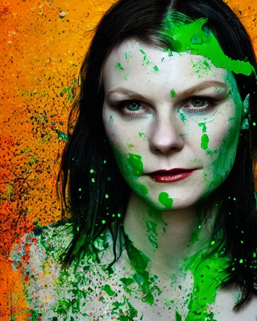 Image similar to photorealistic portrait headshot photos of kirsten dunst with bright green paint splattered across her face. photoshoot in the style of annie leibovitz, photorealistic, bokeh