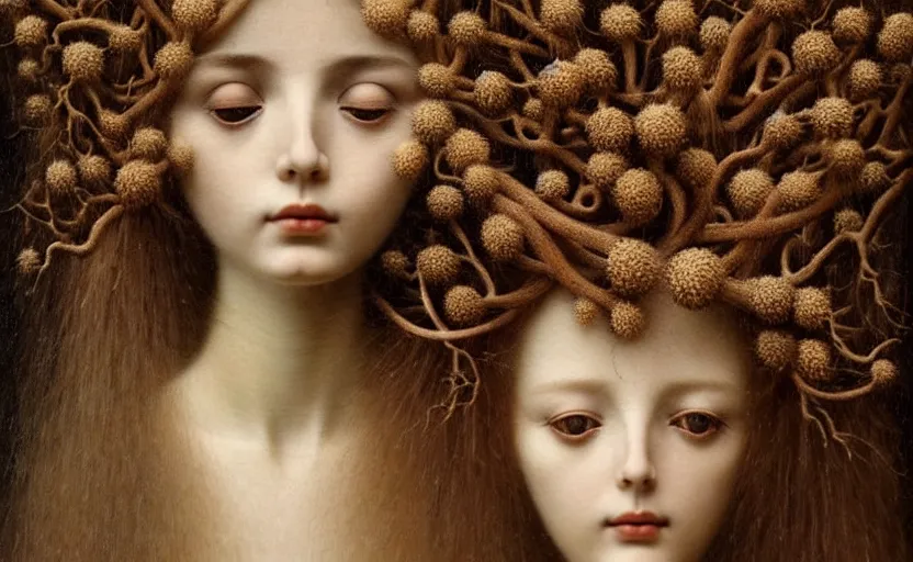 Prompt: cinematic portrait of a beautiful female jointed handmade wooden art doll, made of wood!!!!!, hair with twigs and branches, reaching out to each other, oak trees, oak leaves!!, acorns, dendritic, painting by agostino arrivabene, by fernand khnopff, surreal, detailed