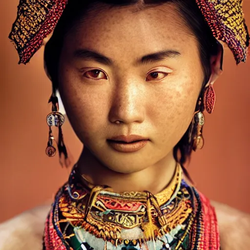 Prompt: vintage portrait of a stunningly beautiful asian tribal female, depth of field, zeiss lens, detailed, symmetrical, centered, fashion photoshoot, by edward s curtis, Annie Leibovitz and Steve McCurry, David Lazar, Jimmy Nelsson, Breathtaking, 8k resolution, extremely detailed, beautiful, establishing shot, artistic, hyperrealistic, beautiful face, octane render