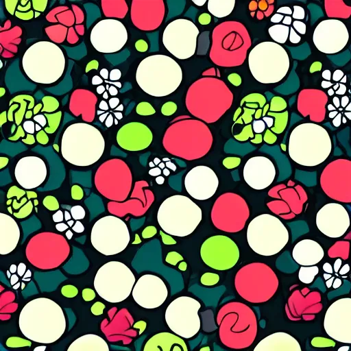 Prompt: floral pattern of pokeballs and mews for a desktop background