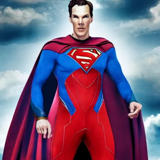 Prompt: benedict cumberbatch homelander in the boys series. the boys poster, full - length superhero pose, blue suit with cape, muscular body.