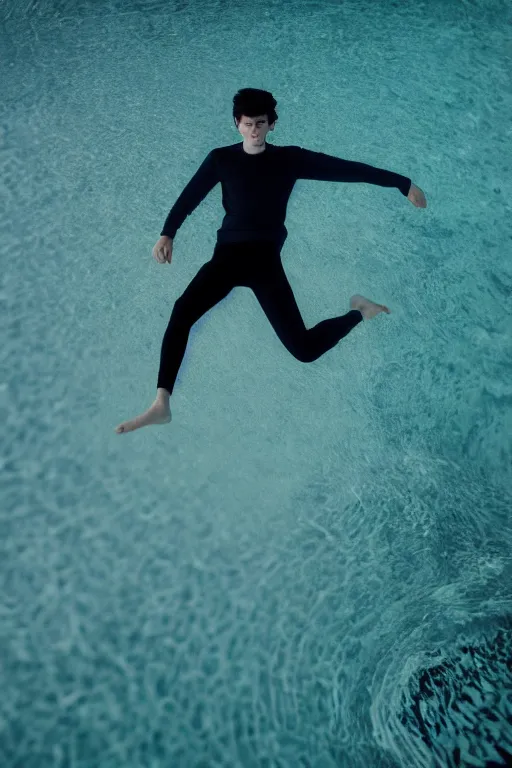 Image similar to high quality pastel coloured film mid angle docu photograph of a beautiful young 2 0 year old male, soft features, short black hair, falling, jumping in an icelandic black rock pool environment. atmospheric. three point light. photographic. art directed. ( pastel colours ). volumetric light. clearcoat. waves glitch. 8 k. filmic.