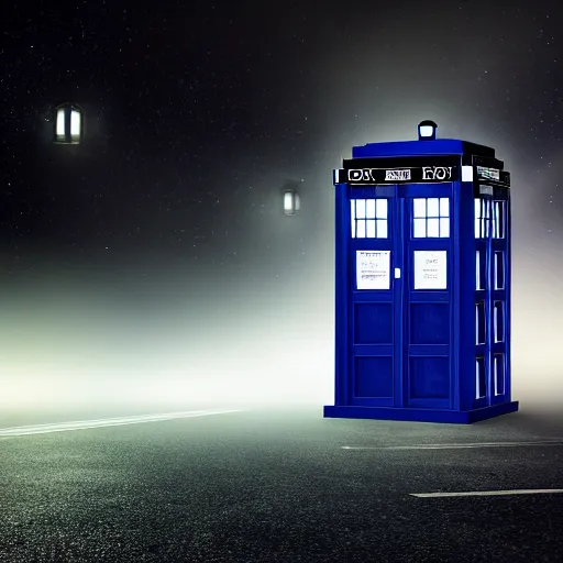 Image similar to a hyperdetailed photograph of the tardis sat on a futuristic street corner, night, dense fog, rain, hd, 8 k resolution