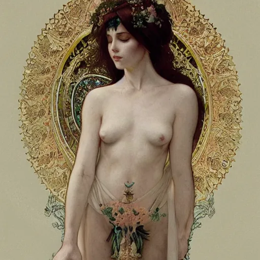 Image similar to a full body portrait of a beautiful ethereal delicate roman catholic bishopress meditative sacral pose catholic stages of the cross, intricate, elegant, highly detailed, digital painting, artstation, concept art, smooth, sharp focus, illustration, art by krenz cushart and artem demura and alphonse mucha