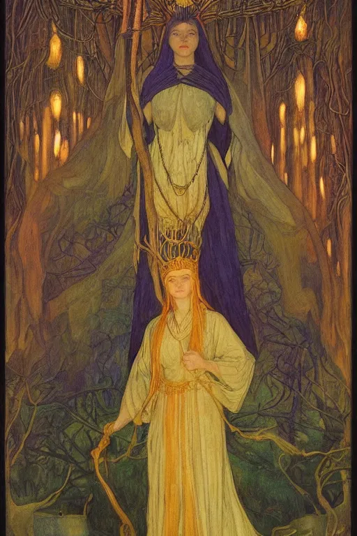 Image similar to queen of the forest with her lantern, by Annie Swynnerton and Nicholas Roerich and jean delville, dramatic cinematic lighting , ornate headdress , flowing robes, lost civilizations, extremely detailed