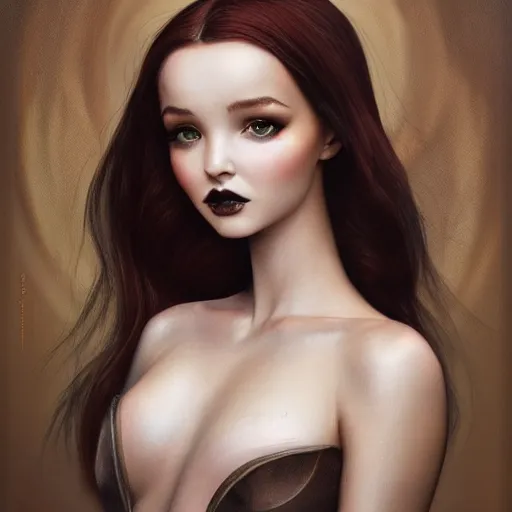 Image similar to tom bagshaw, very beautiful genetic mix of dove cameron madison beer bella poarch in a goddess dress, randomly lustrous colored hair, thin gothic makeup, professionally retouched, focus eyes, ultra realistic soft painting, insanely detailed linework, symmetrical accurate intricate features, behance artstation, 8 k