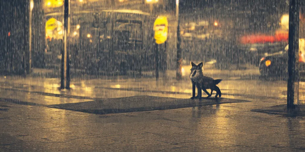 Image similar to a fox in front of a bus stand bench on a rainy night, detailed, 8 k, trending on artstation