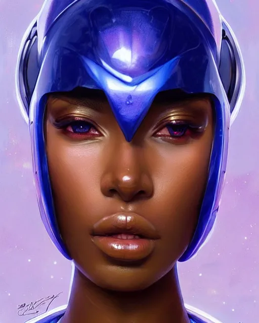 Image similar to Portrait of very very very very very very beautiful african woman, spacesuit, futuristic cybernetic helmet, blue eyes, real life skin, intricate, elegant, highly detailed, artstation, concept art, smooth, sharp focus, art by artgerm and greg rutkowski and alphonse mucha