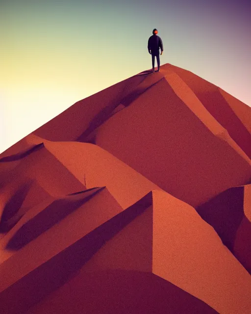 Image similar to a man standing in the middle of a mountain, a low poly render by filip hodas, behance contest winner, environmental art, rendered in cinema 4 d, volumetric lighting, low poly