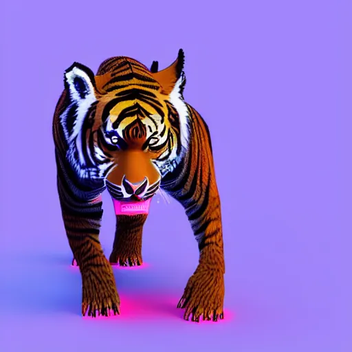 Prompt: low poly render of a Sumatran tiger animal full body octane unreal engine render vaporwave blue and pink neon 4k