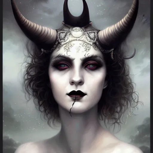 Image similar to By Tom Bagshaw, ultra realist soft painting portrait of curiosities carnival by night, very beautiful horned single zynoid gothic fully dressed fading, symmetry accurate features, very intricate details, ominous sky, black and white, volumetric light clouds