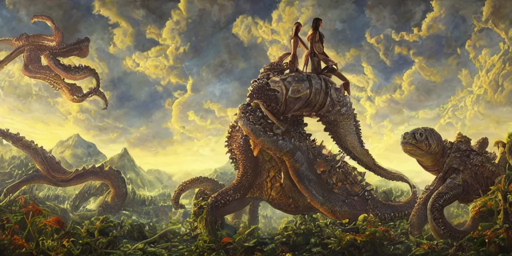 Image similar to fantasy oil painting, great leviathan, cybernetic turtle cephalopod terrapin reptilian pachyderm squid, bella hadid, hybrid, milla jovovich, anubis, epic natural light, lush plants flowers, spectacular mountains, bright clouds, luminous sky, outer worlds, golden hour, michael cheval, edward hopper, michael whelan, vray, hd