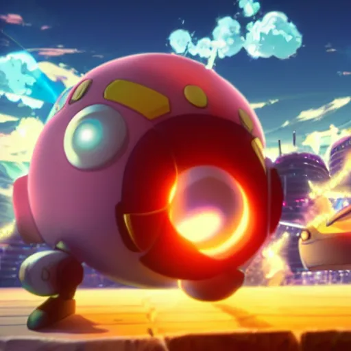 Image similar to an epic anime of energy man next to kirby, ghibli, unreal 5, octane render, rpg portrait, dynamic lighting, epic, epic anime, 2 d