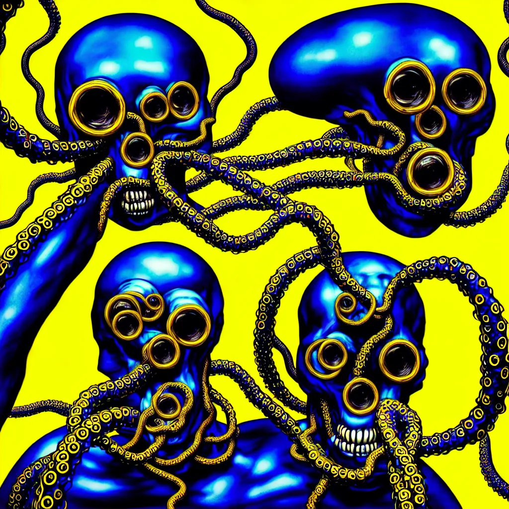 Image similar to a self portrait by the artist kelbv, in distinct hyper detailed style with tubes coming from eyes, and hollowed skull filled with blue and yellow accountancy ellipsoids, perfect studio lighting against a backdrop of a still from the movie fire tentacle.