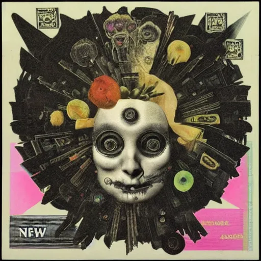 Image similar to post - punk new age album cover, asymmetrical design, dollar bank notes, capitalism, magic, apocalypse, psychedelic, black white pink, magic, giger h. r., giuseppe arcimboldo