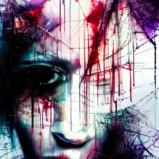 Image similar to i live in cyber dreams, glitchcore wires, machines, by jeremy mann, francis bacon and agnes cecile, and dave mckean ink drips, paint smears, digital glitches glitchart