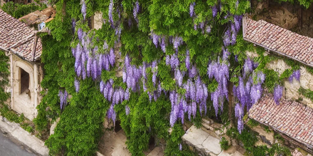 Image similar to drone photo of a ancient roman house with wisteria flowers, wallpaper, arhitectural shot, national geographic, award arhitectural photography, professional arhitectural photography, sunny, day time, beautiful, warm light, fernando guerra, tekla evelina severin, karen vikke