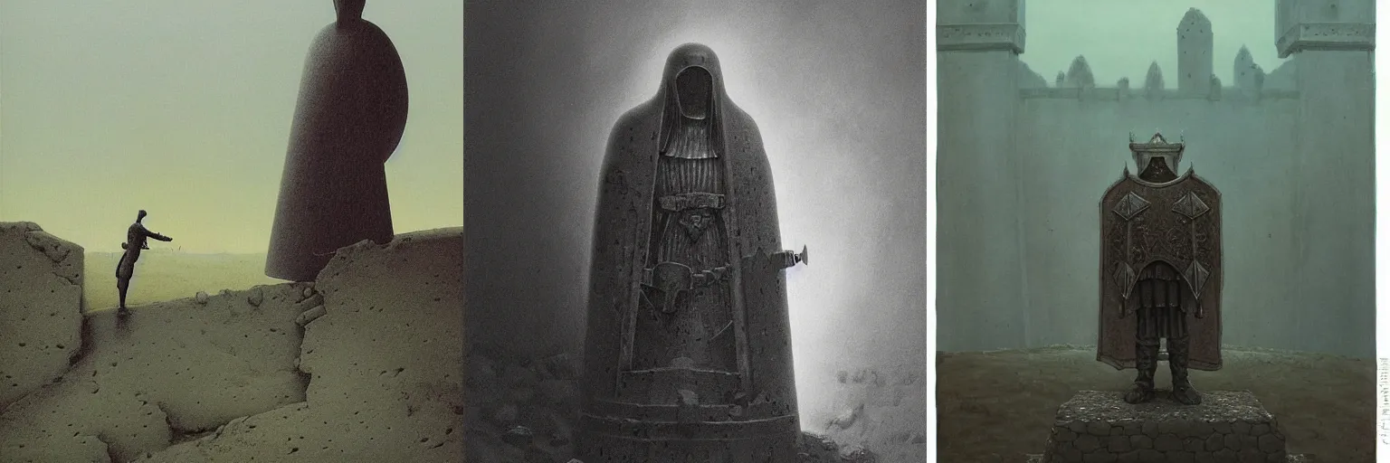 Prompt: A lone knight in front of a stone tomb with a sturdy shield and shiny sword by zdzisław beksiński