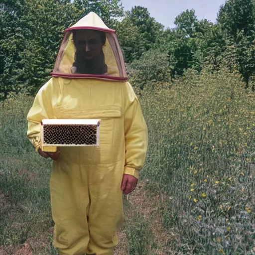 Prompt: a man wearing a beekeeper suit, holding an ice cream cone, arriflex 35