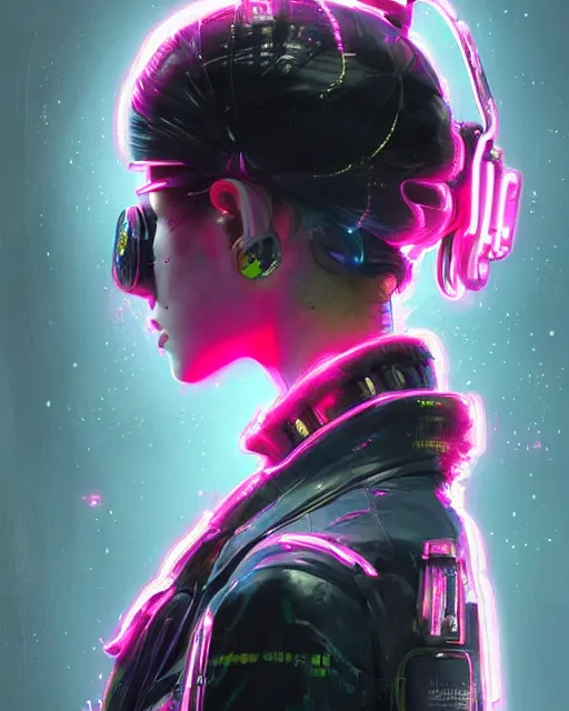 Image similar to detailed side profile portrait Neon Operator Girl, cyberpunk futuristic neon, reflective puffy coat, decorated with traditional Japanese ornaments by Ismail inceoglu dragan bibin hans thoma greg rutkowski Alexandros Pyromallis Nekro Rene Maritte Illustrated, Perfect face, fine details, realistic shaded, fine-face, pretty face