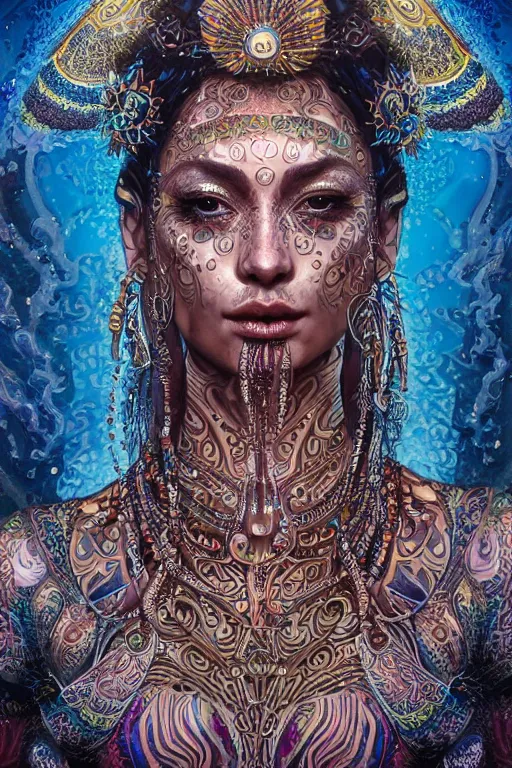 Image similar to a centered render of an mytical festival hippy with tribal tattoos wearing intricate metallic clothing surrounded by a underwater ink pour and flowing liquid gallium and sacred geometry, perfect body and face, gorgeous, cinematic, beautifully lit, by noriyoshi ohrai, by karol bak, by donato giancola, 3 d, trending on artstation, octane render, 8 k