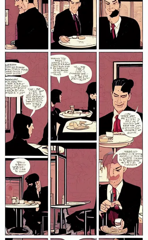 Prompt: Twin Peaks comic page of Dale Cooper feeling love and comfort with coffee & pie in the RR Diner by Tomer Hanuka