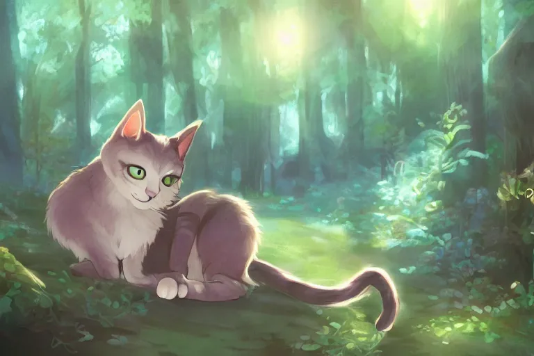 Prompt: a cat in the forest, trending on artstation, trending on furaffinity, digital art, by kawacy, anime, furry art, warm light, backlighting, cartoon, concept art