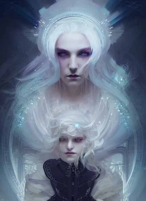 Prompt: a beautiful white haired princess, intricate concept art, ethereal, ominous, mysterious, enchanted, magic, dramatic lighting, illuminated lines, outrun, vaporware, illuminated runes, cyberpunk darksynth, dark background, 8 k, by ruan jia and krenz cushart and alphonse mucha