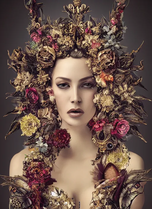 Image similar to full body photo of a female model, ornate headpiece made from flowers, ornaments, glamour shot, by karol bak, by stefan gesell, photorealistic, canon r 3, fashion photography, hyper maximalist, elegant, ornate, luxury, elite, environmental portrait, symmetrical features, octane render, unreal engine, solid dark grey background, dramatic lights