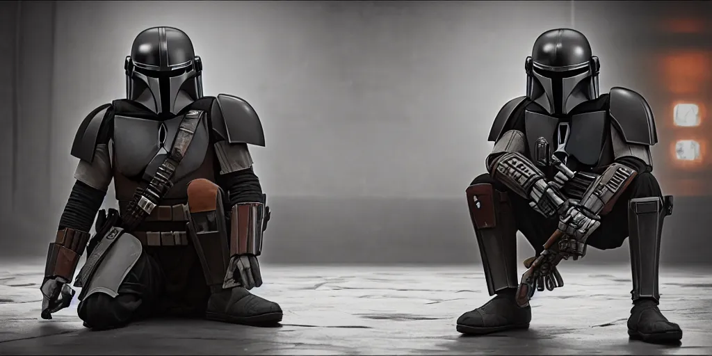 Prompt: large room, atmospheric, single deathwatch mandalorian sitting in thinking pose, cinematic, 4 k